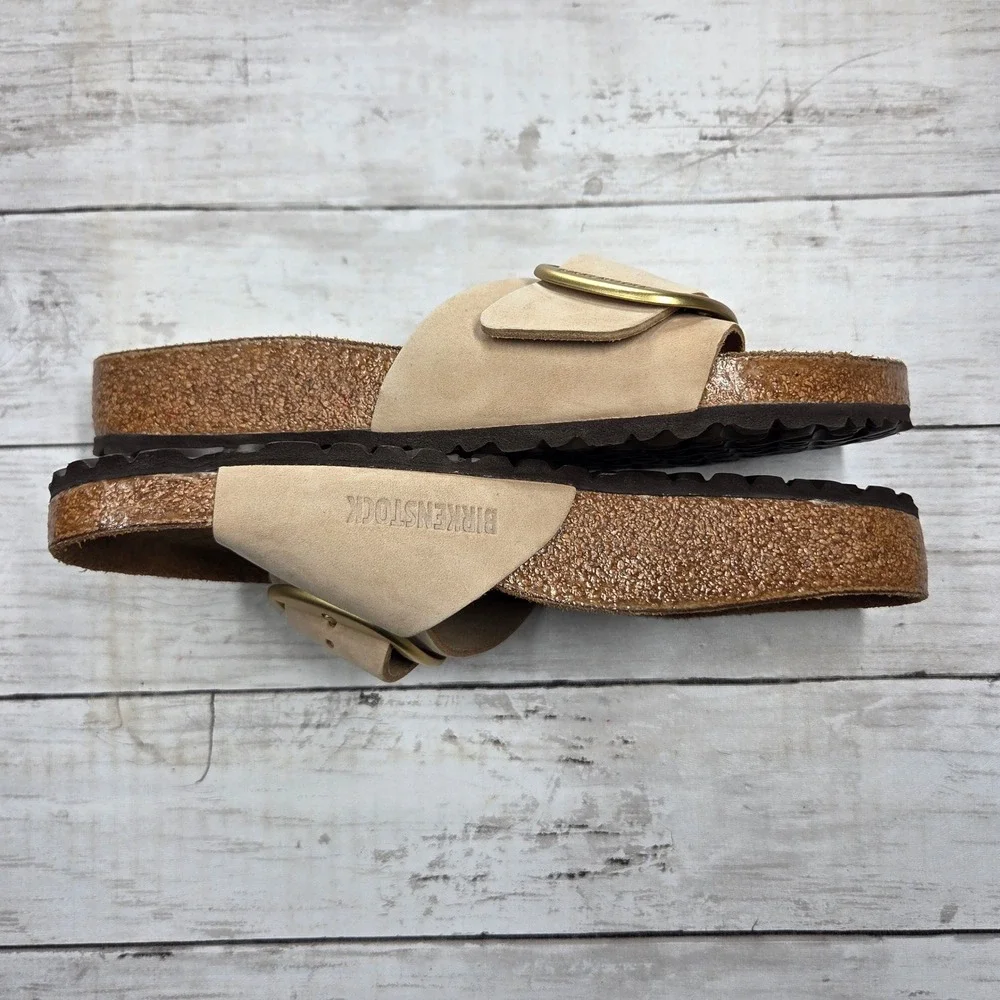 Birkenstock Madrid Buckle Slide Sandal Women 39(L8) Almond Sand Nubuck Leather